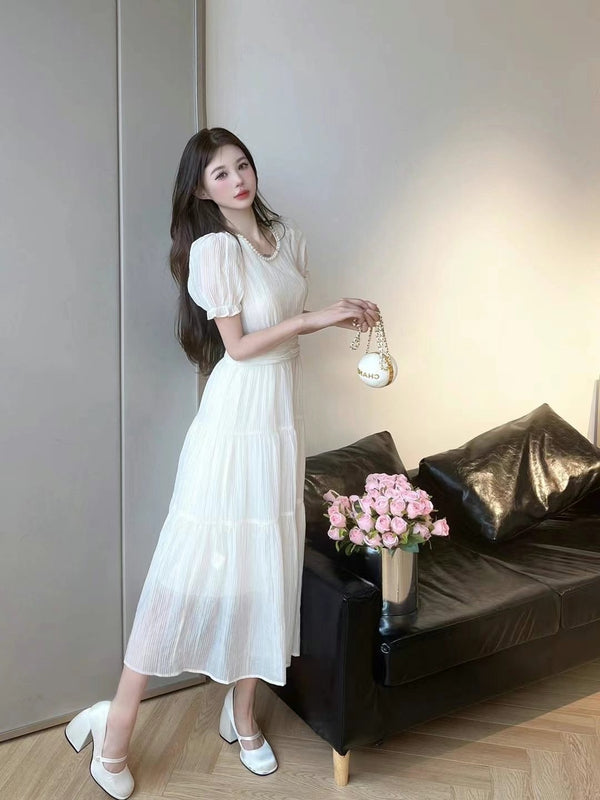 Aimme Sparrow White Ruffled Puffy Sleeve Dress