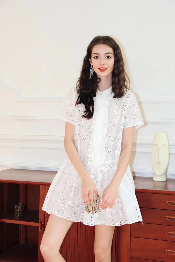 ELLIGIOI White Lace Cutout Shirt Dress