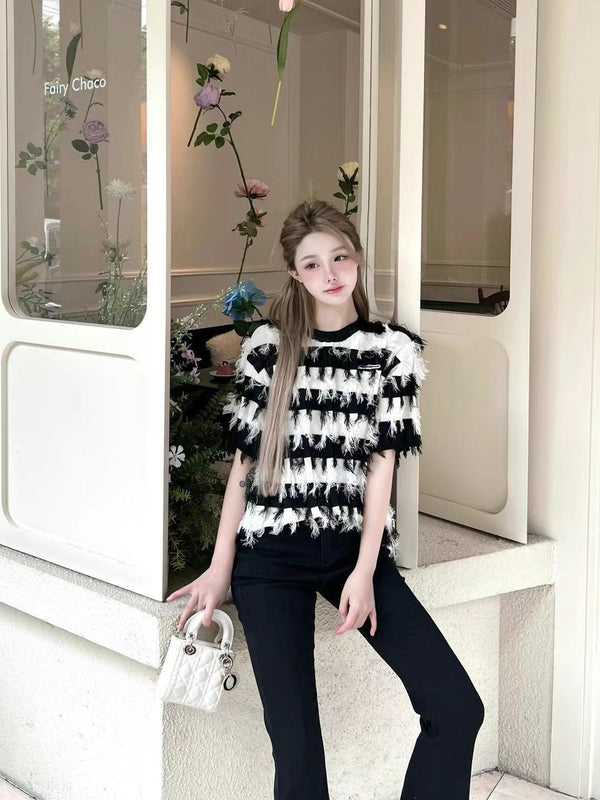 Aimme Sparrow Black And White Fringe Short Sleeve