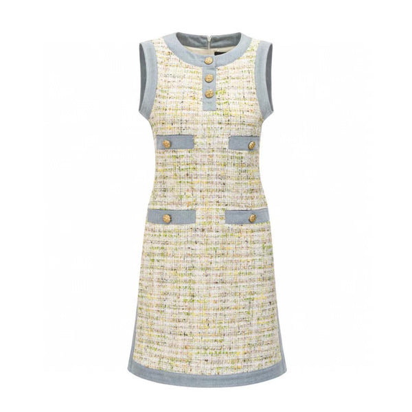 Three Quarters Tweed Patchwork Denim Dress