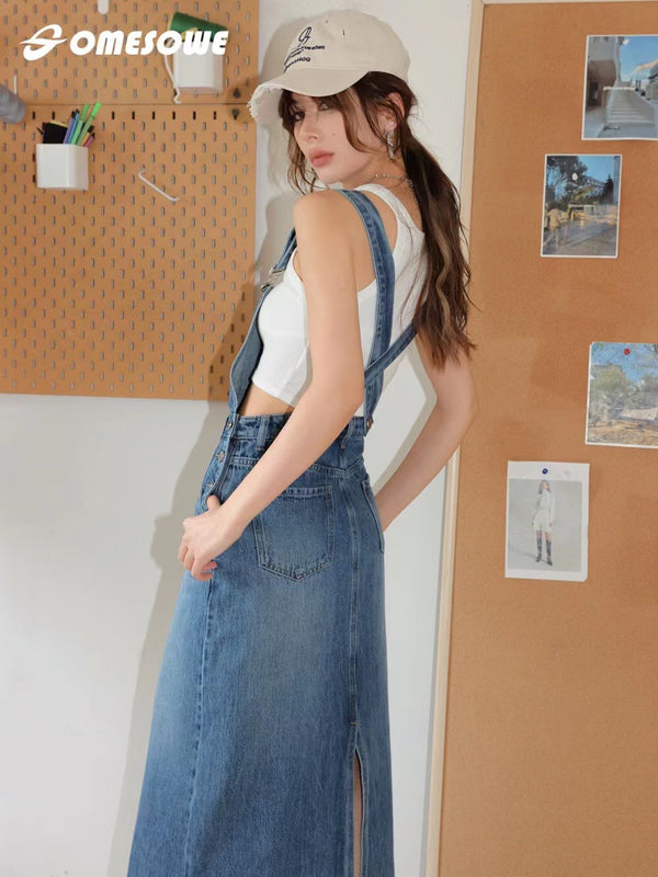 Somesowe Vintage Drawstring Denim Suspenders Dress