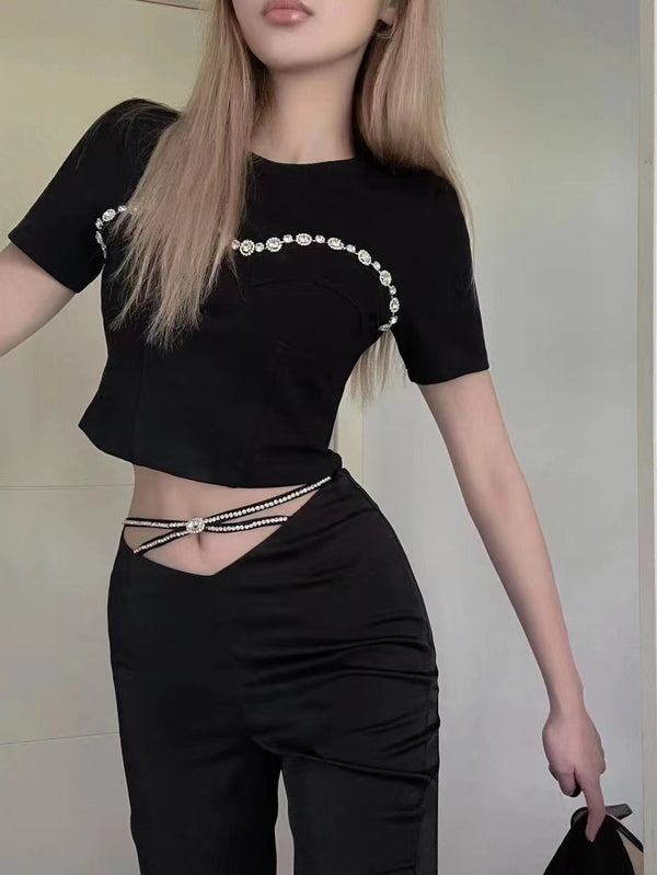 Three Quarters Rhinestone Lace-up Micro-Cropped Pants