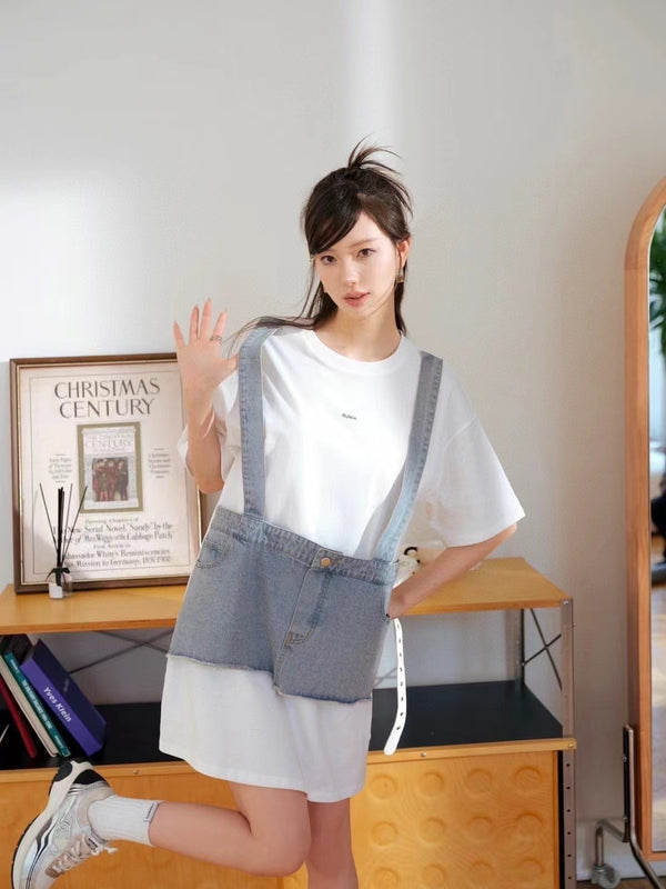 Rumia Fake Two-Piece Denim T Patchwork Dress