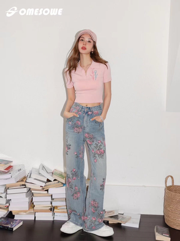 Somesowe Floral Vintage Jeans