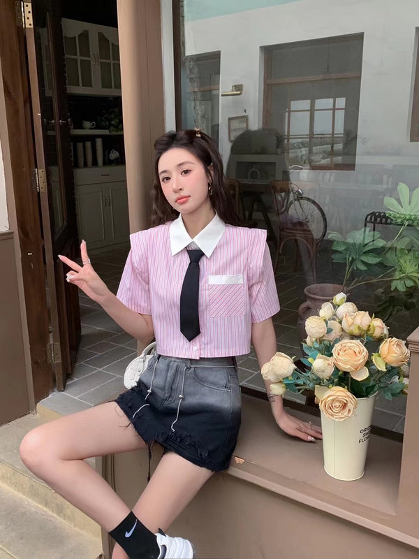 Minishia Pink Striped Short Shirt Top