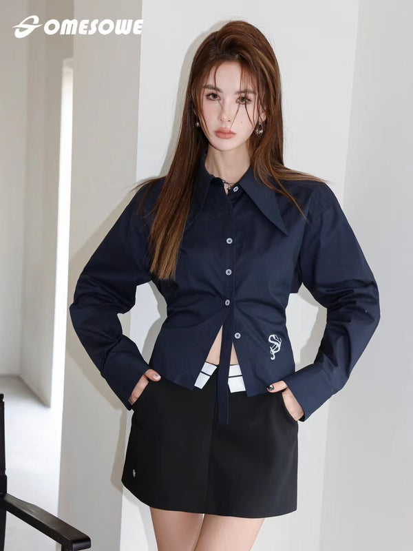 Somesowe French Pointy-Neck Drawstring Waist Shirt