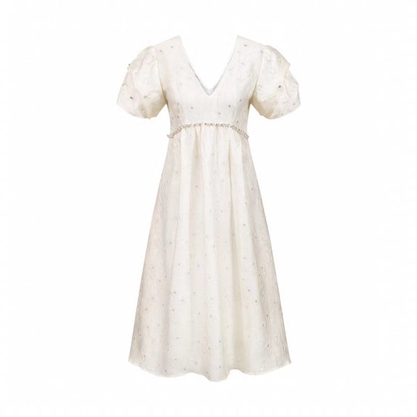 Maite Zamora White V-Neck High-Waisted Jacquard Dress