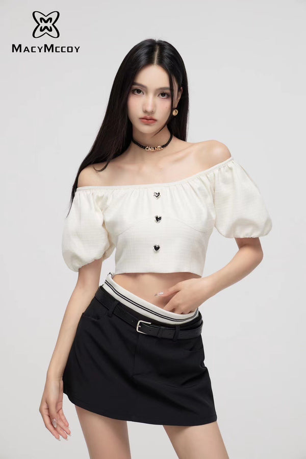 MacyMccoy Top With Puffy Sleeves And A Line Neck