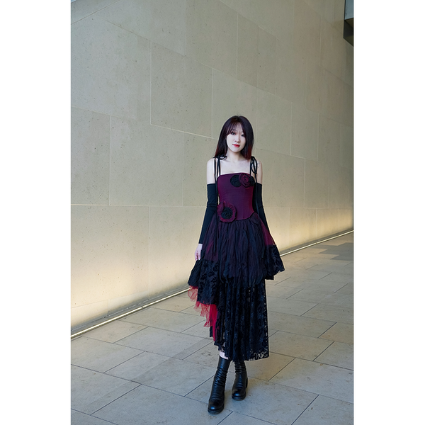 By Cookie H Xiomara5.0 Lace Patchwork Dress with Burnt Edge Flower Pendant