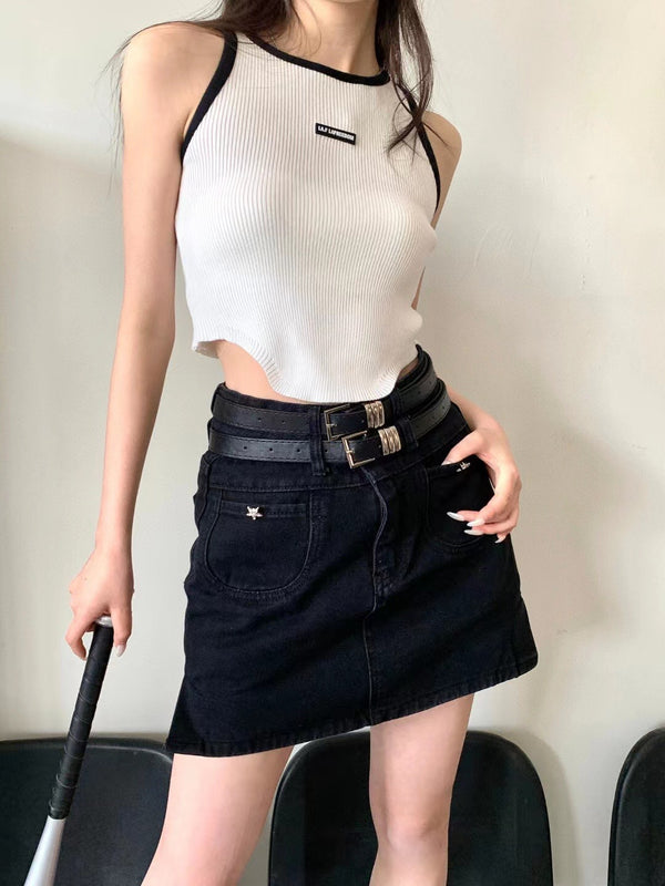 La Freedom Five-Pointed Star Double Belt Denim Skirt