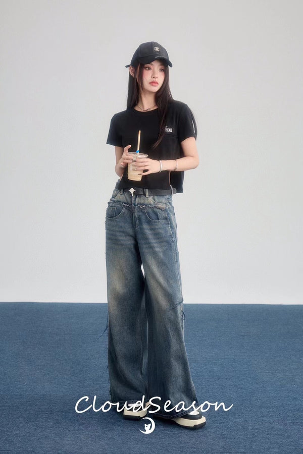 Cloud Season Patchwork Design Wide-Leg Jeans