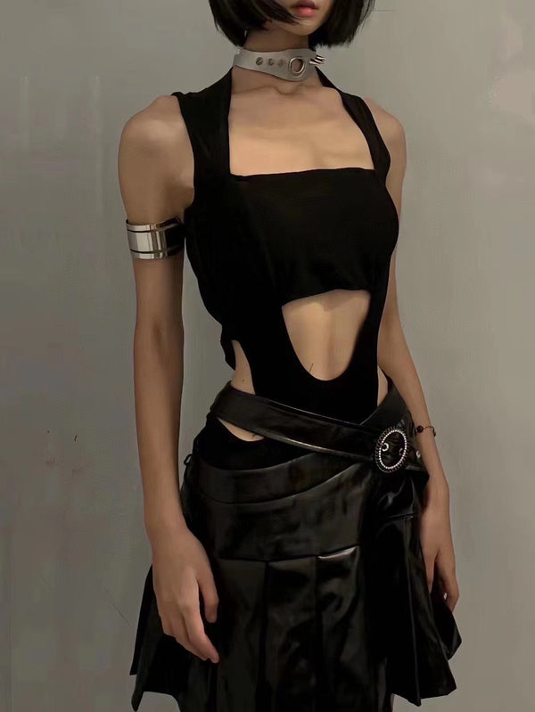 CLUET Pleated Black Leather Skirt