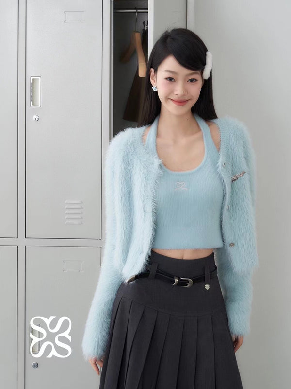 Somesowe Layered Plush Cardigan Two-Piece Set