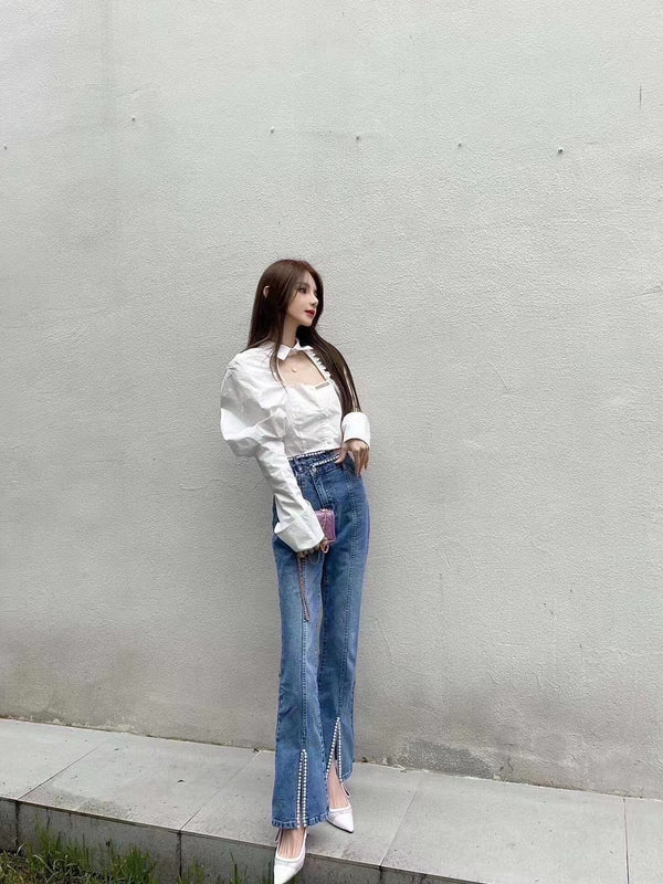 Three Quarters Cropped Waist Pearl Jeans