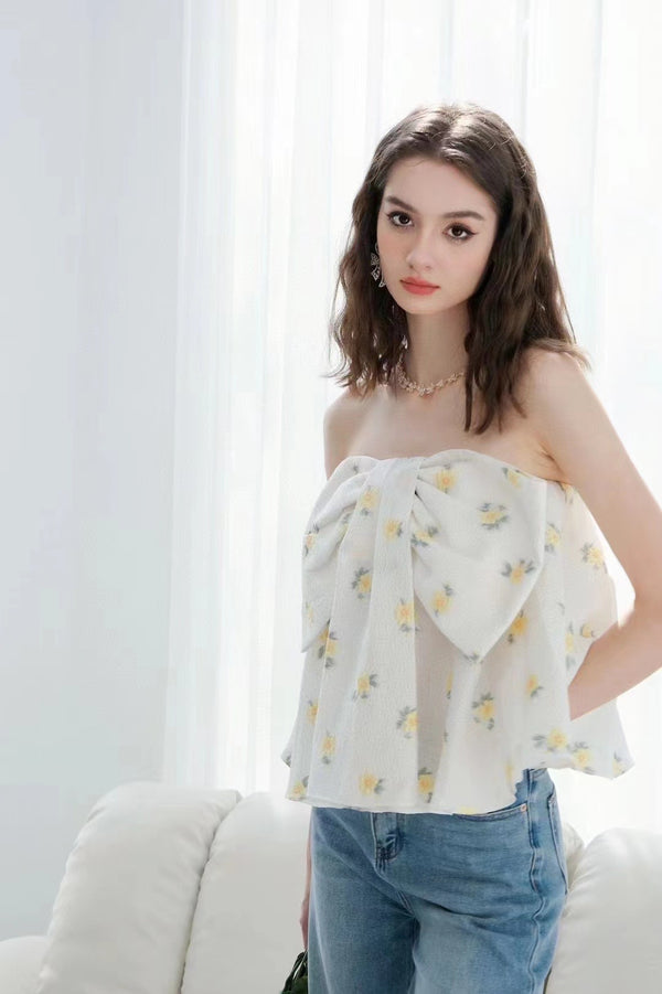 ELLIGIOI Yellow Floral Bow Strapless Top