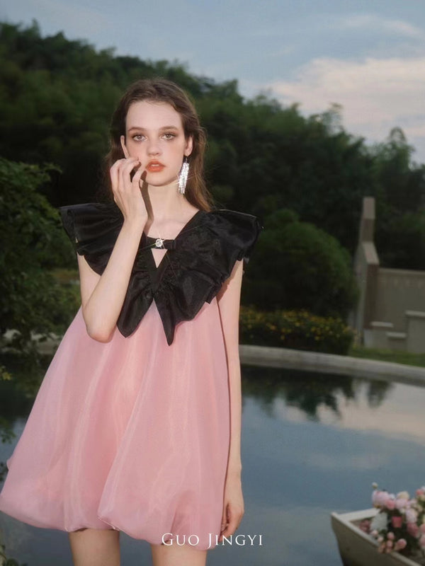 GUO JINGYI Black Lotus Pink Organza Cloud Dress