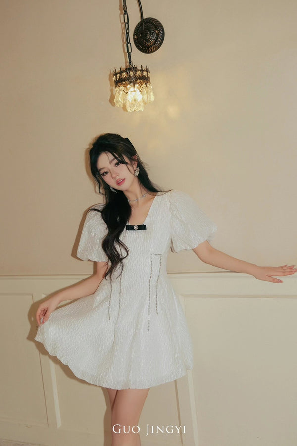 GUO JINGYI White Diamond Chain Dress With Waist