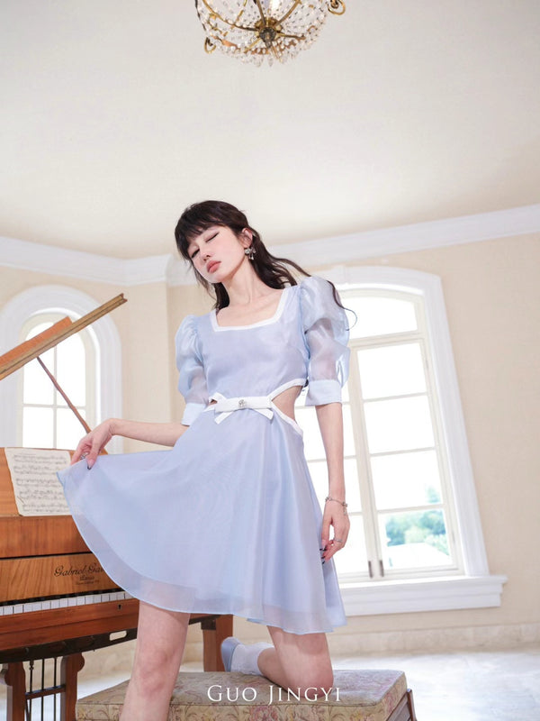 GUO JINGYI Blue Satin Hollow Puffy Sleeve Dress