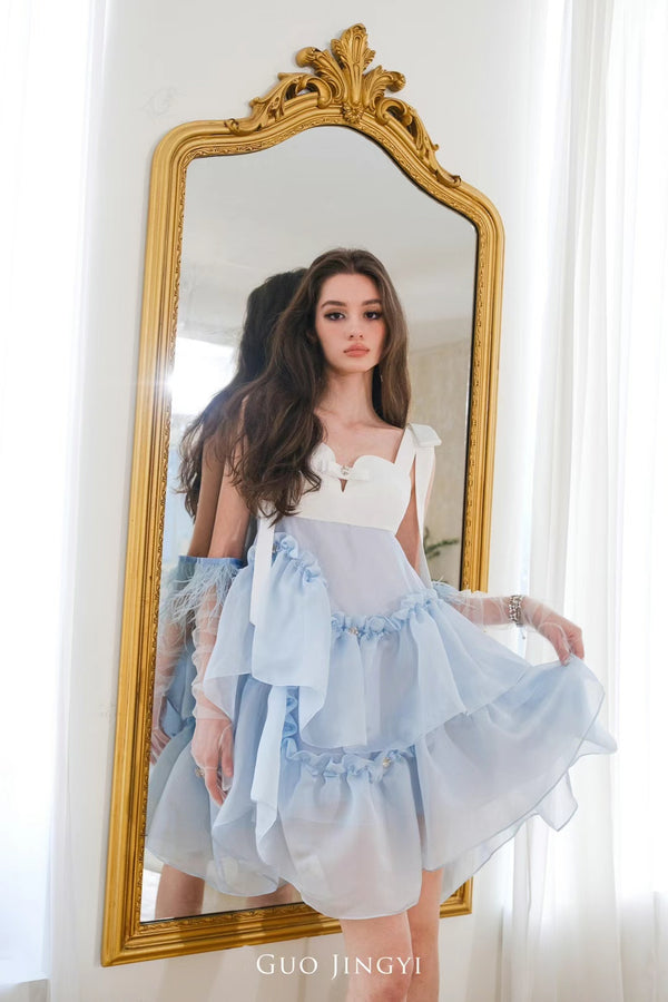 GUO JINGYI Blue Satin With White Bow Suspenders Dress