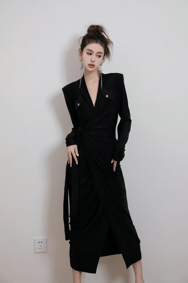 YEESIN Long Black Silky Dress