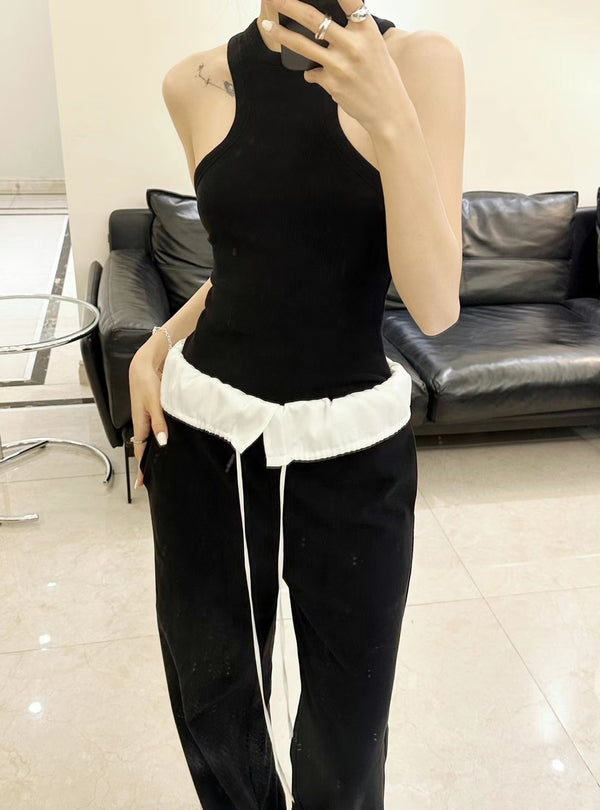 LOOSING WHITE Straight-leg Pants With Black And White Patchwork Straps